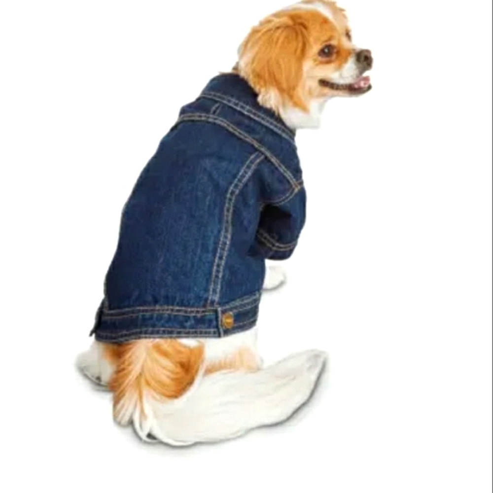 medium denim Jean trucker dog jacket. See size chart.